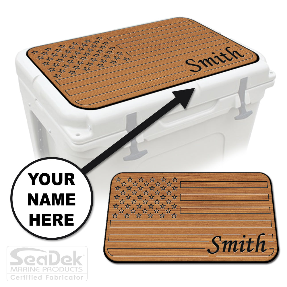 Custom SeaDek cooler pad top in Mocha/Black U.S. Flag design with personalized name engraving, made to fit YETI and RTIC coolers premium EVA foam pad by USATuff.