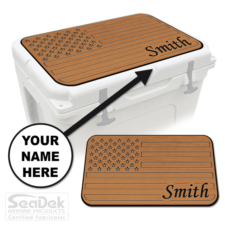 Custom SeaDek cooler pad top in Mocha/Black U.S. Flag design with personalized name engraving, made to fit YETI and RTIC coolers premium EVA foam pad by USATuff.