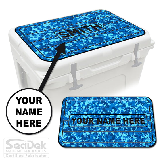 Custom SeaDek cooler pad top in BiminiBlue/Black teak line design with personalized name engraving, made to fit YETI and RTIC coolers premium EVA foam pad by USATuff.