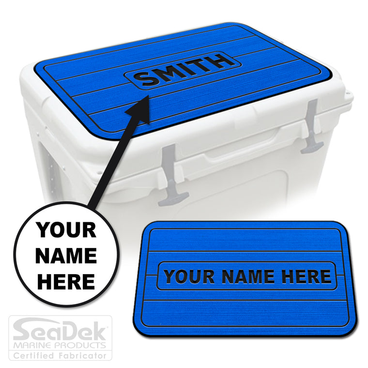 Custom SeaDek cooler pad top in BiminiBlue/Black teak line design with personalized name engraving, made to fit YETI and RTIC coolers premium EVA foam pad by USATuff.