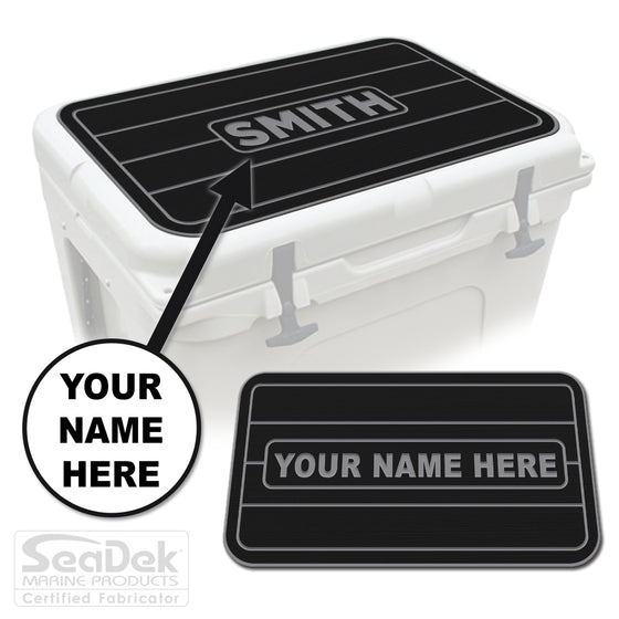 Custom SeaDek cooler pad top in Black/StormGray teak line design with personalized name engraving, made to fit YETI and RTIC coolers premium EVA foam pad by USATuff.