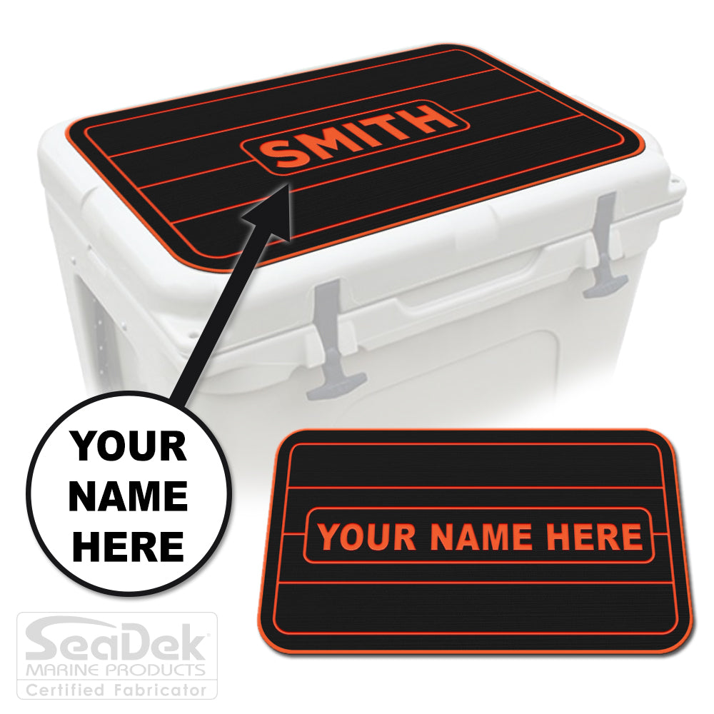 Custom SeaDek cooler pad top in Black/SunsetOrange teak line design with personalized name engraving, made to fit YETI and RTIC coolers premium EVA foam pad by USATuff.