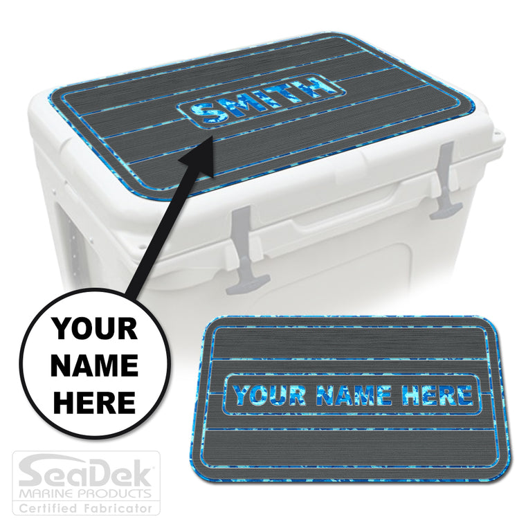 Custom SeaDek cooler pad top in DarkGray/AquaCamo teak line design with personalized name engraving, made to fit YETI and RTIC coolers premium EVA foam pad by USATuff.