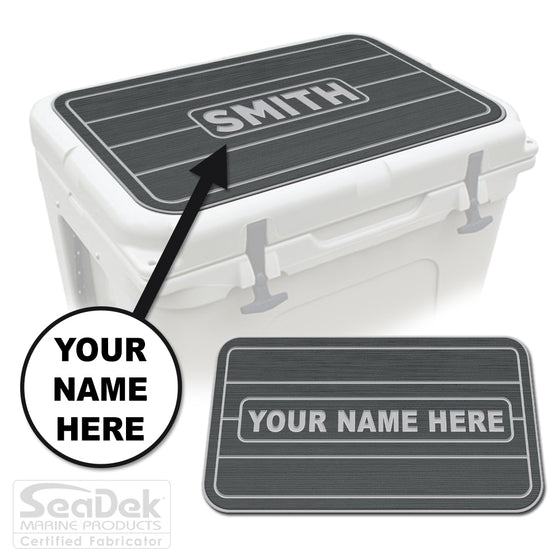 Custom SeaDek cooler pad top in DarkGray/StormGray teak line design with personalized name engraving, made to fit YETI and RTIC coolers premium EVA foam pad by USATuff.