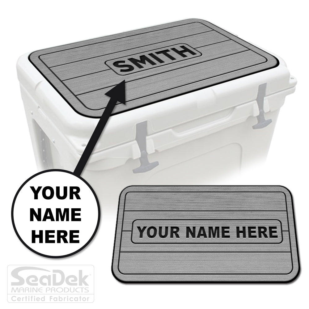 Custom SeaDek cooler pad top in StormGray/Black teak line design with personalized name engraving, made to fit YETI and RTIC coolers premium EVA foam pad by USATuff.