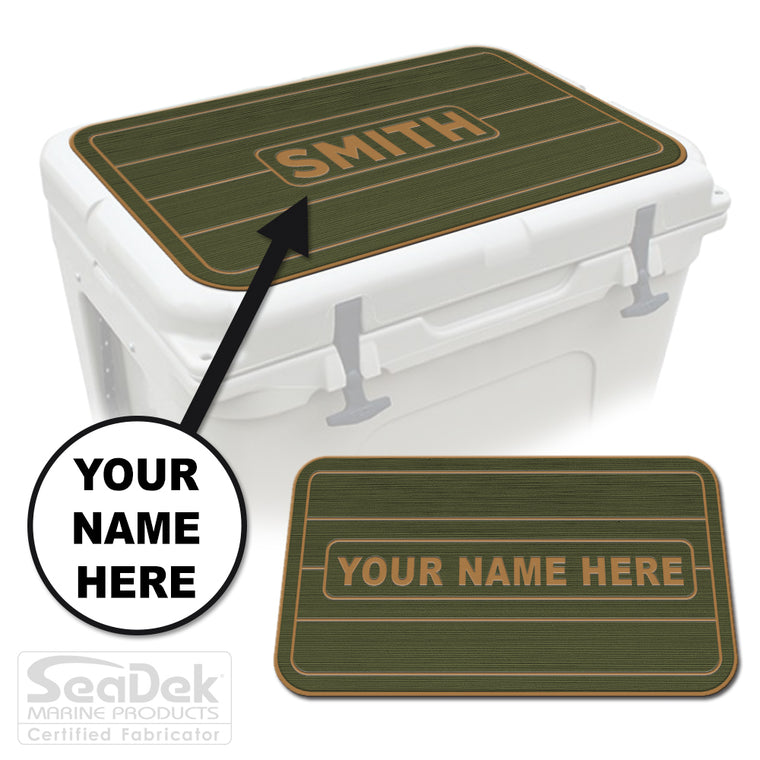 Custom SeaDek cooler pad top in OliveGreen/Mocha teak line design with personalized name engraving, made to fit YETI and RTIC coolers premium EVA foam pad by USATuff.