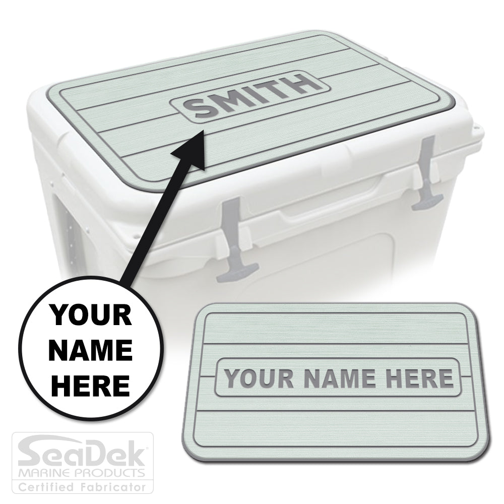 Custom SeaDek cooler pad top in Seafoam/StormGray teak line design with personalized name engraving, made to fit YETI and RTIC coolers premium EVA foam pad by USATuff.