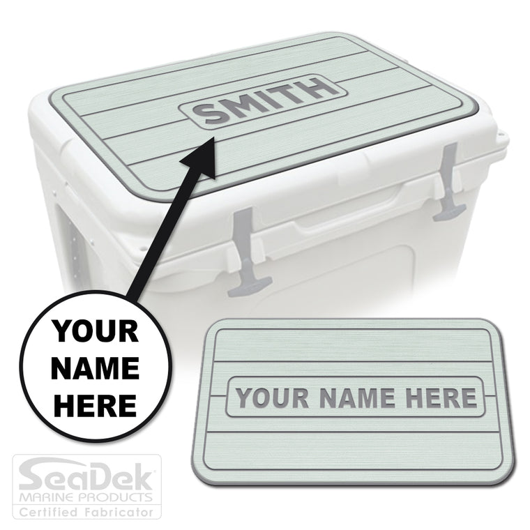 Custom SeaDek cooler pad top in Seafoam/StormGray teak line design with personalized name engraving, made to fit YETI and RTIC coolers premium EVA foam pad by USATuff.