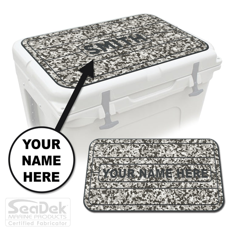 Custom SeaDek cooler pad top in SnowCamo/DarkGray teak line design with personalized name engraving, made to fit YETI and RTIC coolers premium EVA foam pad by USATuff.