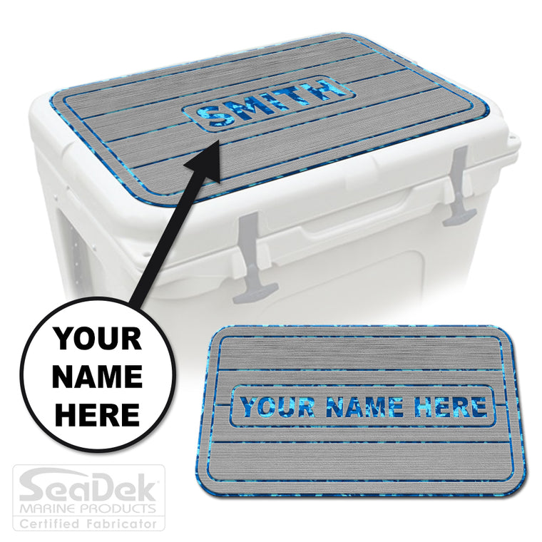 Custom SeaDek cooler pad top in StormGray/AquaCamo teak line design with personalized name engraving, made to fit YETI and RTIC coolers premium EVA foam pad by USATuff.