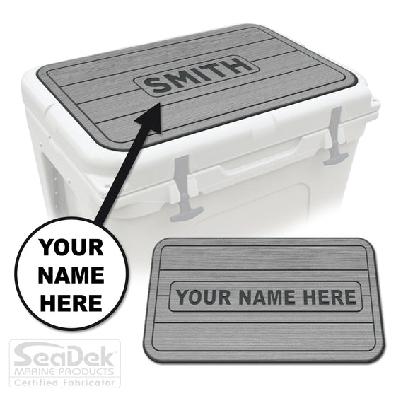 Custom SeaDek cooler pad top in StormGray/DarkGray teak line design with personalized name engraving, made to fit YETI and RTIC coolers premium EVA foam pad by USATuff.