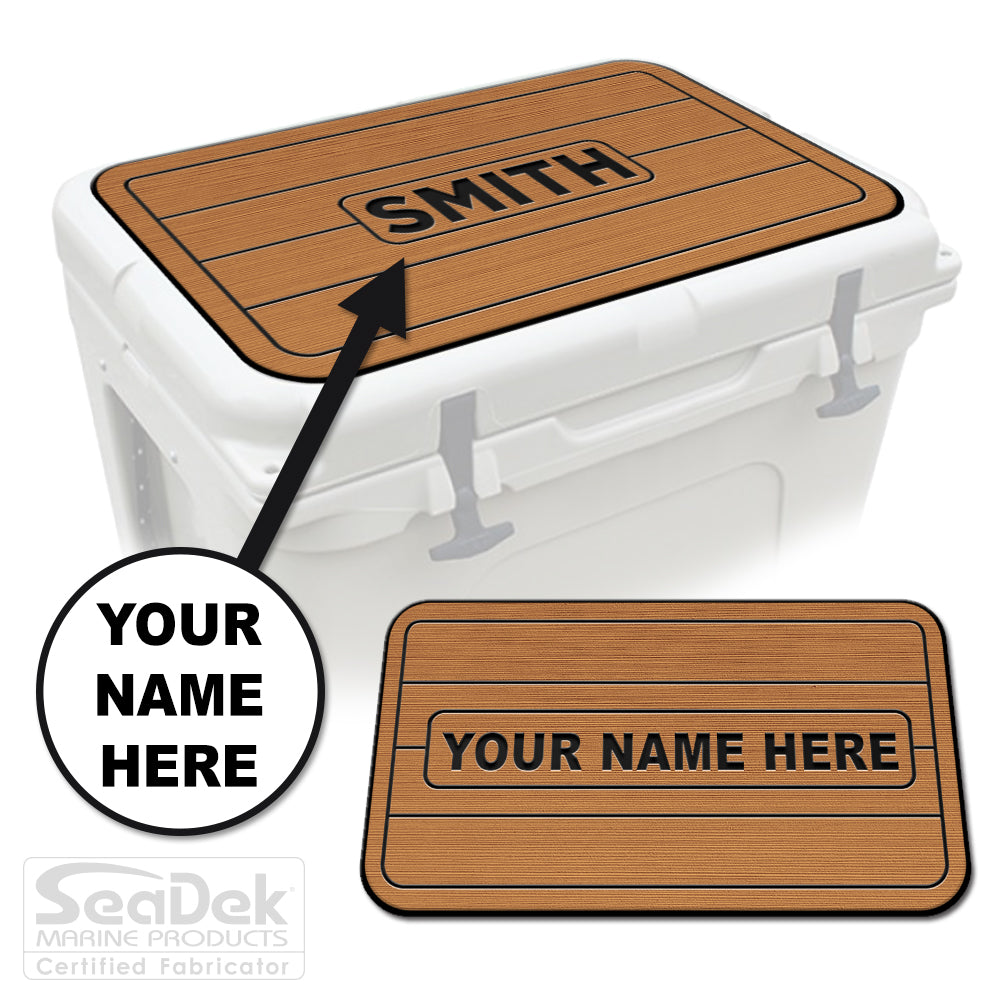Custom SeaDek cooler pad top in Mocha/Black teak line design with personalized name engraving, made to fit YETI and RTIC coolers premium EVA foam pad by USATuff.
