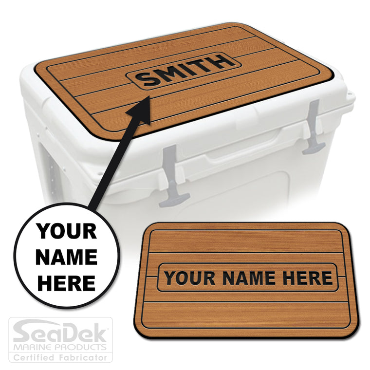 Custom SeaDek cooler pad top in Mocha/Black teak line design with personalized name engraving, made to fit YETI and RTIC coolers premium EVA foam pad by USATuff.