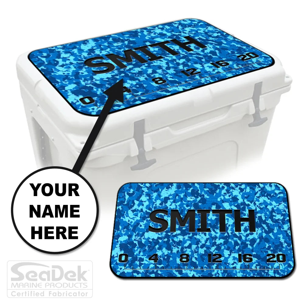 Add Your Name FISH RULER cooler pad in AquaCamo/Black featuring fish ruler and name personalization; SeaDek pad fits YETI and RTIC coolers.