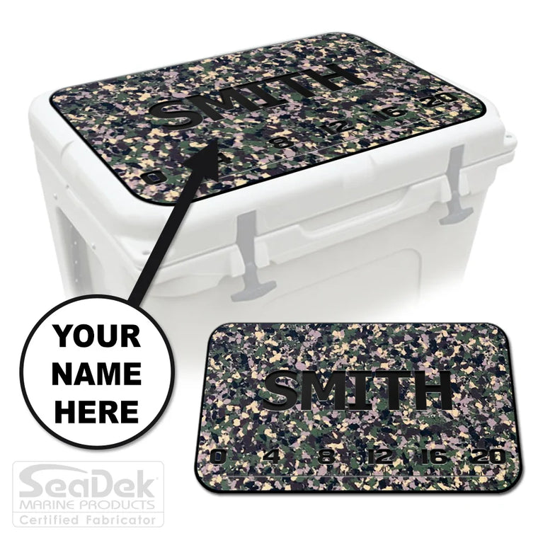 Add Your Name FISH RULER SeaDek cooler pad in ArmyCamo/Black with fish measuring ruler and name engraving; fits YETI and RTIC coolers.