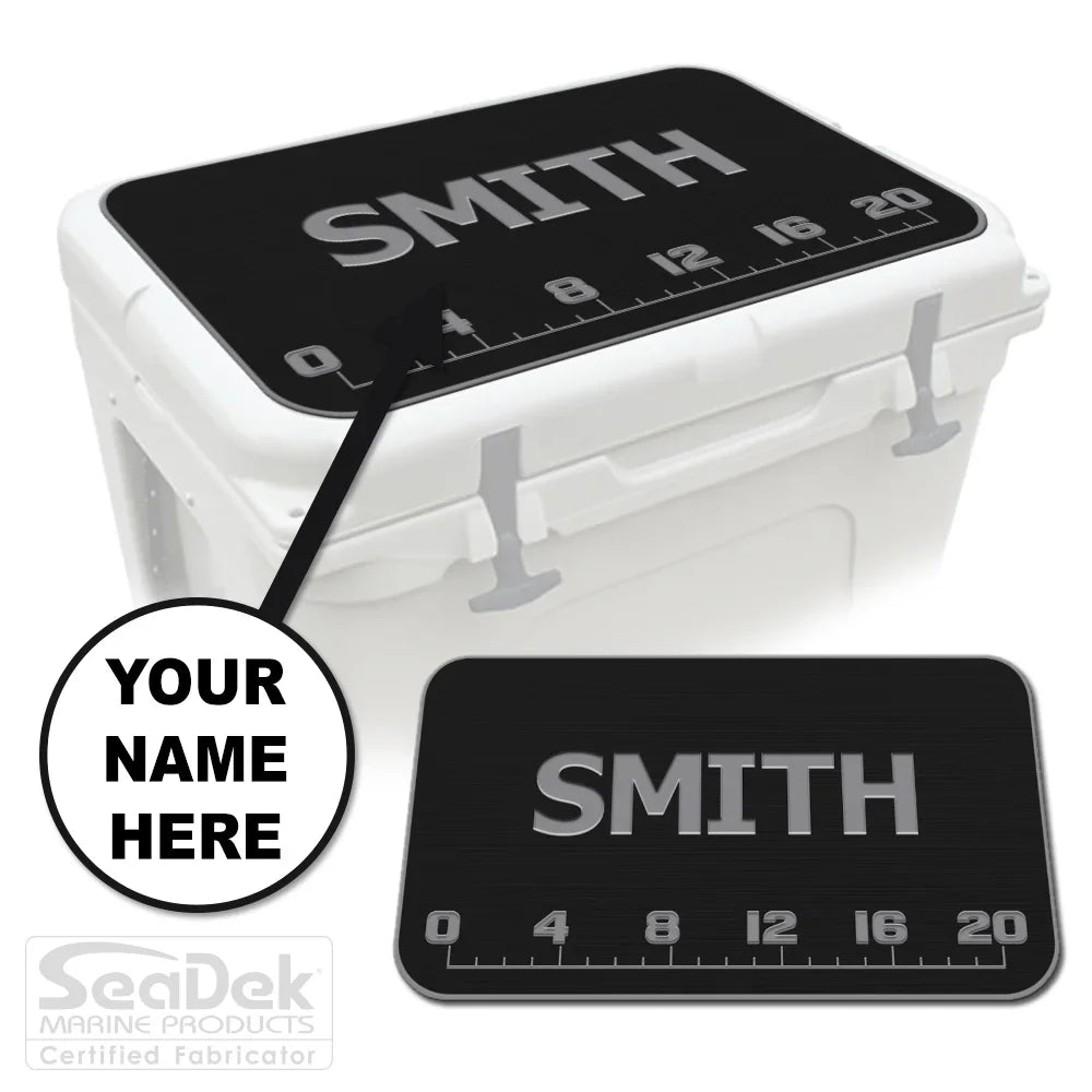 Add Your Name FISH RULER cooler pad in Black/StormGray with fish ruler engraving and Add Your Name option; SeaDek pad fits YETI and RTIC.