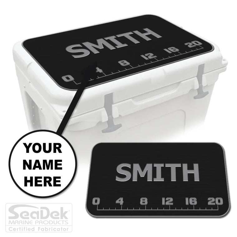 Add Your Name FISH RULER cooler pad in Black/StormGray with fish ruler engraving and Add Your Name option; SeaDek pad fits YETI and RTIC.