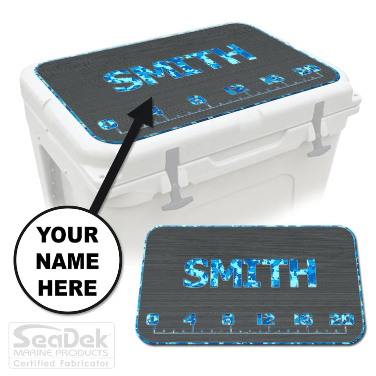 Add Your Name FISH RULER cooler pad in DarkGray/AquaCamo with fish ruler engraving and name personalization; SeaDek pad fits YETI and RTIC.