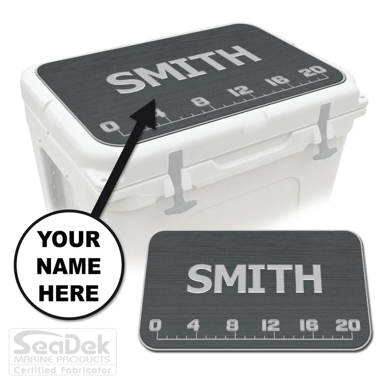 Add Your Name FISH RULER SeaDek cooler pad in DarkGray/StormGray featuring fish ruler and customizable name; fits YETI and RTIC.