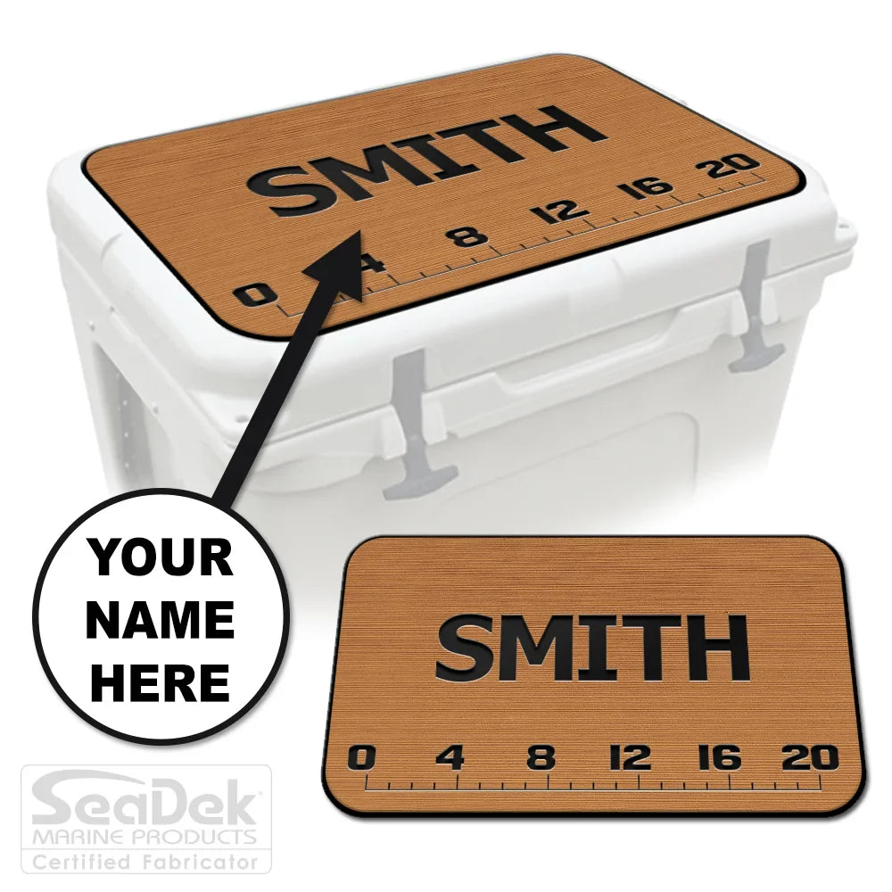 Add Your Name FISH RULER SeaDek cooler pad in Mocha/Black with fish ruler and name personalization; EVA pad fits YETI and RTIC coolers.