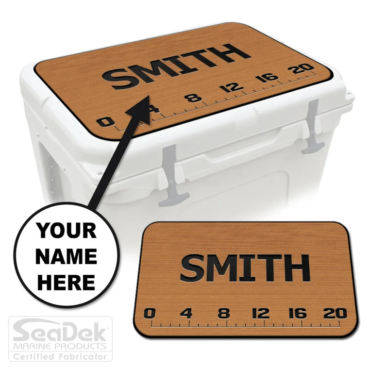 Add Your Name FISH RULER SeaDek cooler pad in Mocha/Black with fish ruler and name personalization; EVA pad fits YETI and RTIC coolers.