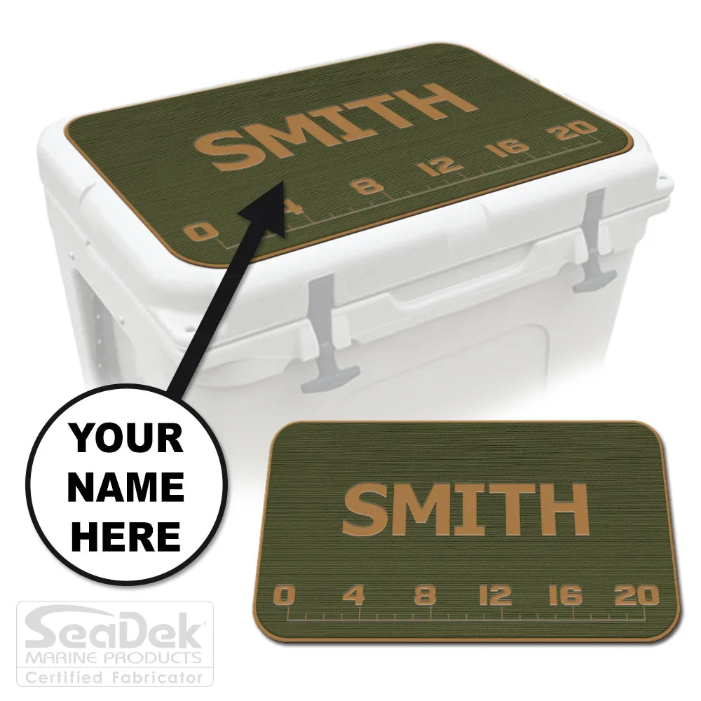 Add Your Name FISH RULER SeaDek cooler pad in OliveGreen/Mocha with fish ruler and personalized name engraving; fits YETI and RTIC coolers.