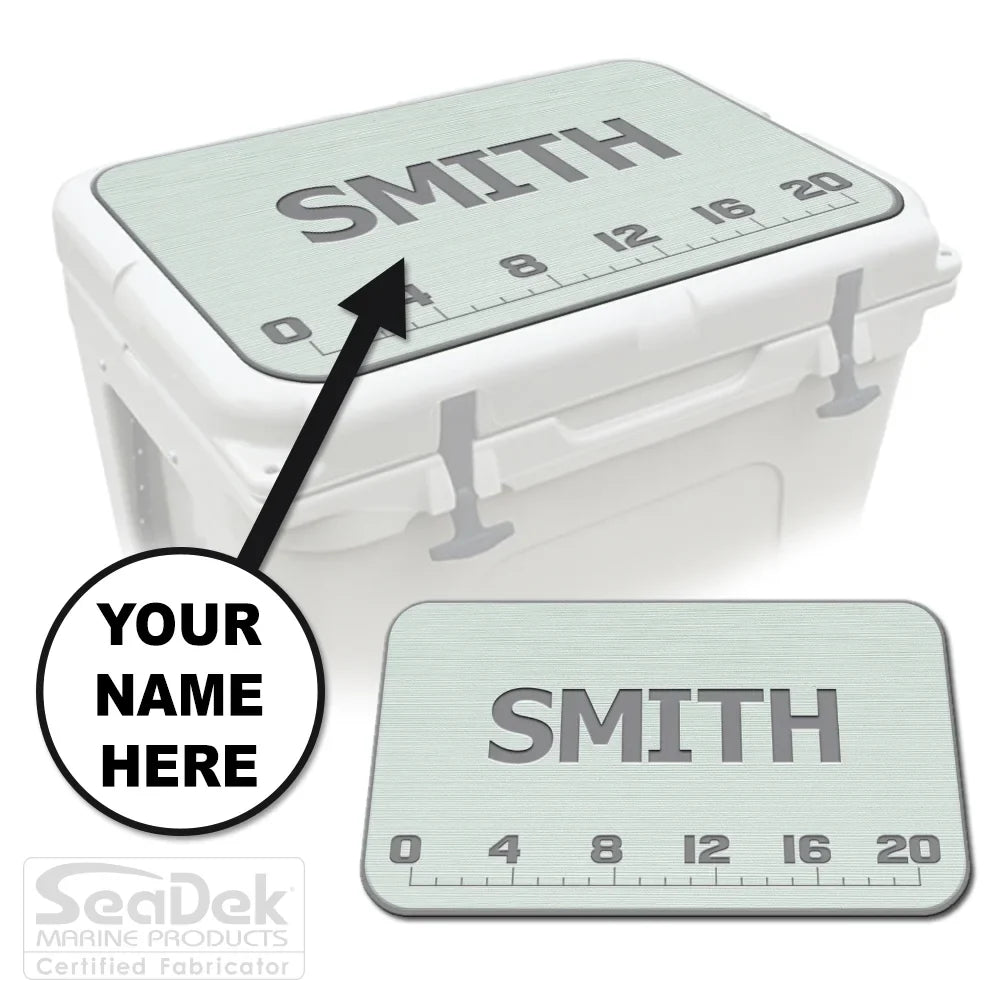 Add Your Name FISH RULER cooler pad in Seafoam/StormGray with fish ruler and name personalization; SeaDek EVA pad fits YETI and RTIC coolers.