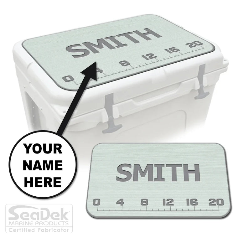 Add Your Name FISH RULER cooler pad in Seafoam/StormGray with fish ruler and name personalization; SeaDek EVA pad fits YETI and RTIC coolers.