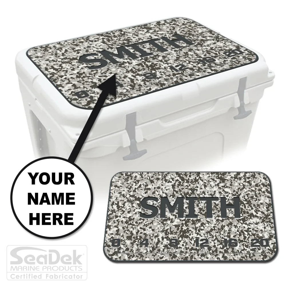 Add Your Name FISH RULER SeaDek cooler pad in SnowCamo/DarkGray with fish ruler accents and name personalization; fits YETI and RTIC coolers.