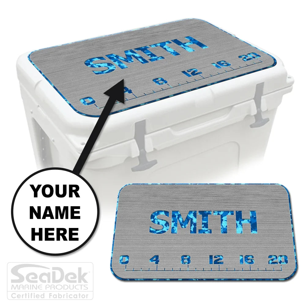 Add Your Name FISH RULER cooler pad in StormGray/AquaCamo with fish ruler and customizable name; premium SeaDek pad fits YETI and RTIC.