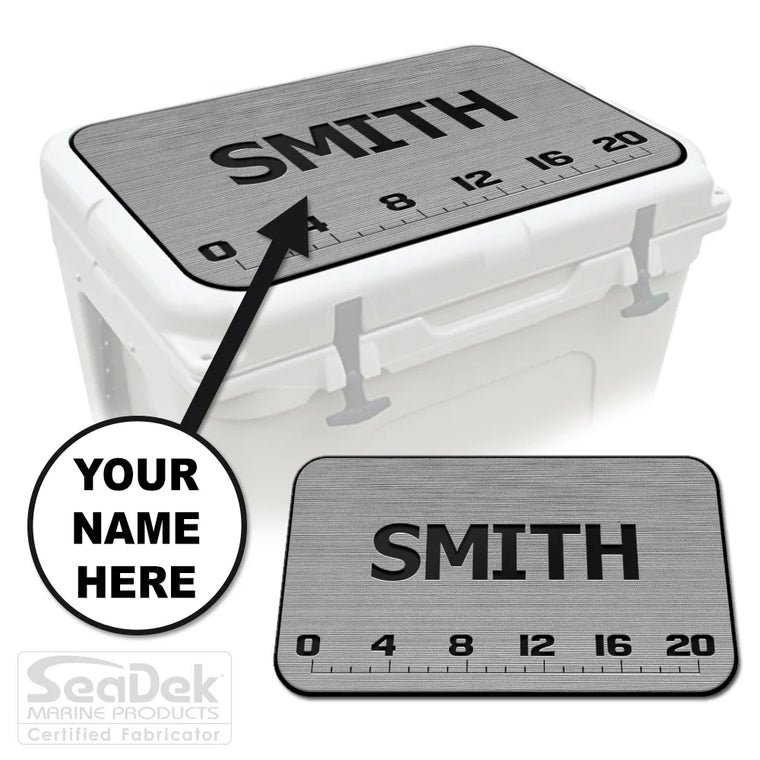 Add Your Name FISH RULER SeaDek cooler pad in StormGray/Black with personalized name option; non-skid EVA pad fits YETI and RTIC coolers.