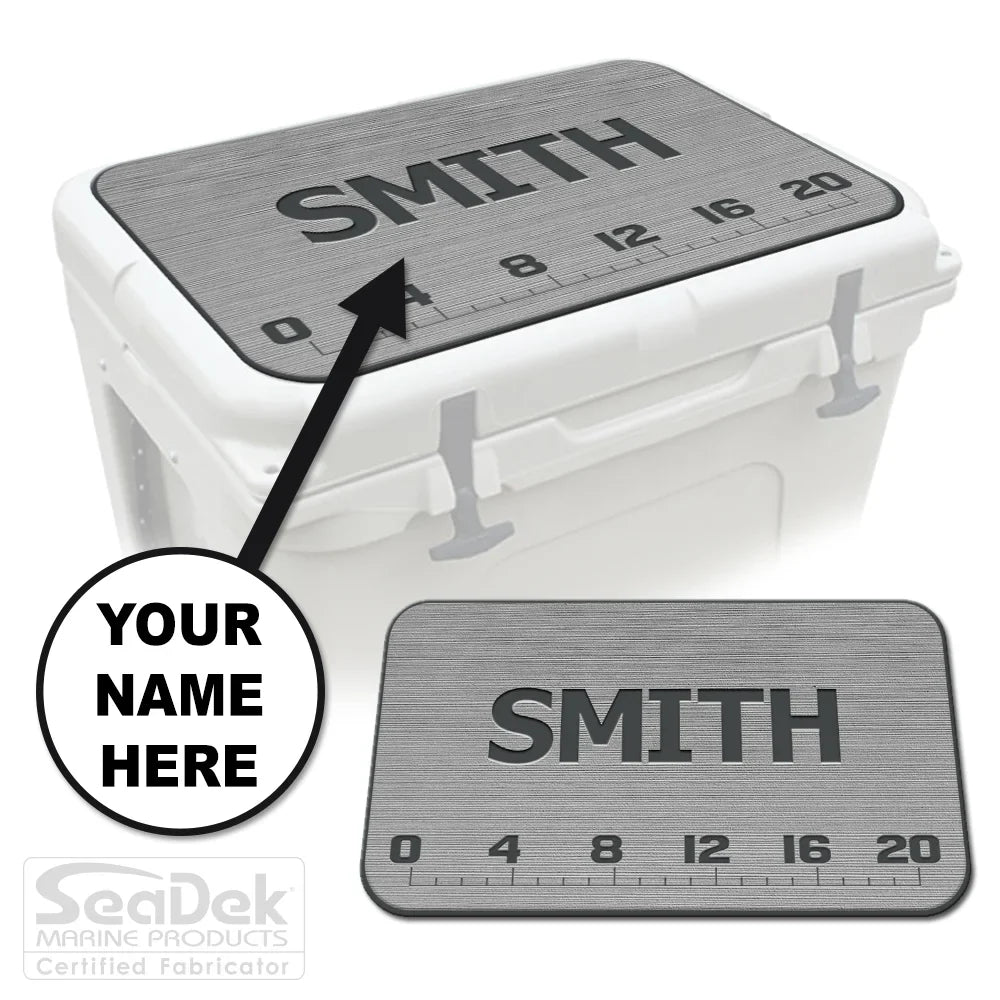 Add Your Name FISH RULER SeaDek cooler pad in StormGray/DarkGray with personalized name option and fish ruler; fits YETI and RTIC.