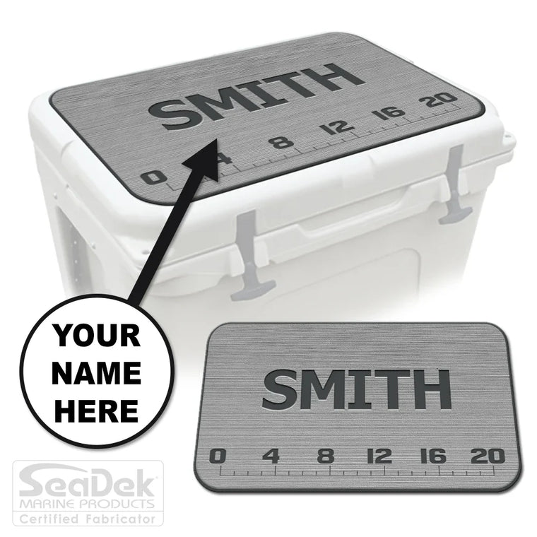 Add Your Name FISH RULER SeaDek cooler pad in StormGray/DarkGray with personalized name option and fish ruler; fits YETI and RTIC.