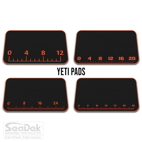 USATuff SeaDek ruler cooler pad for YETI – Black/SunsetOrange EVA foam pad with built-in fish measuring ruler; non-skid, custom-fit YETI cooler top accessory.
