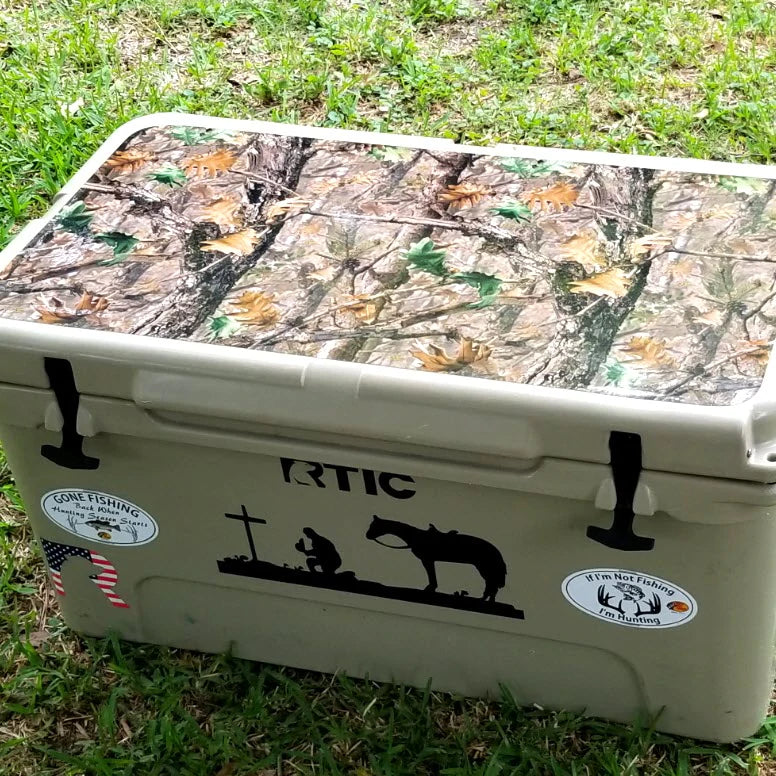 USATuff Vinyl Wrap for RTIC Cooler in Woodland Camo Design