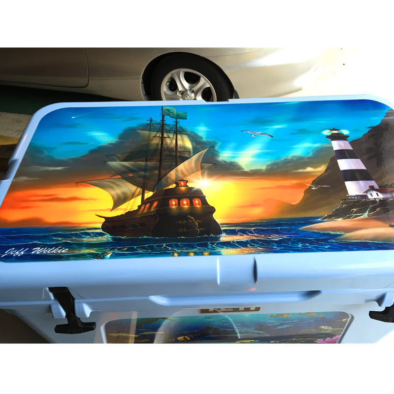 USATuff Cooler Accessories Ice Chest Graphic Sticker Skin Decal Kits - Pirates Lighthouse by Jeff Wilkie